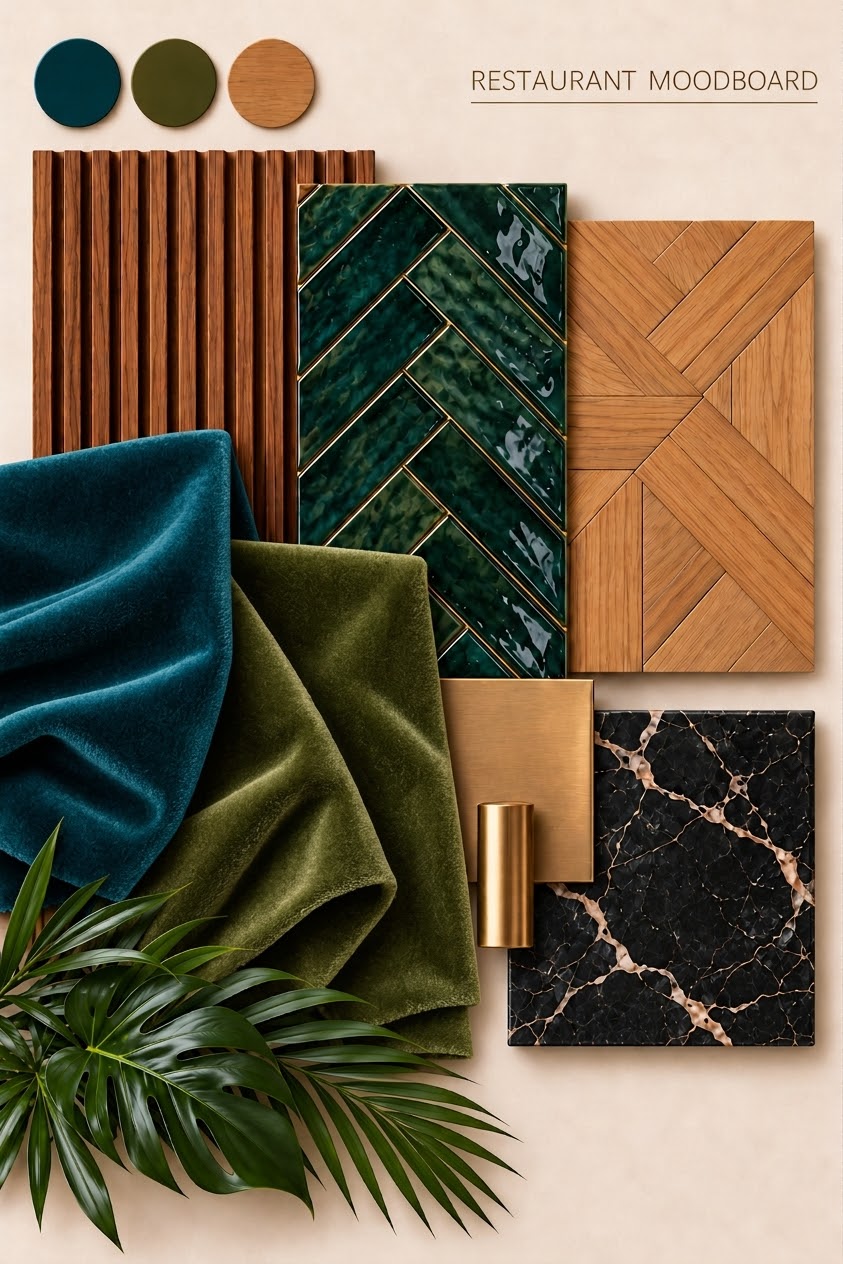 Moodboard voor een restaurantconcept: warm, modern, botanisch