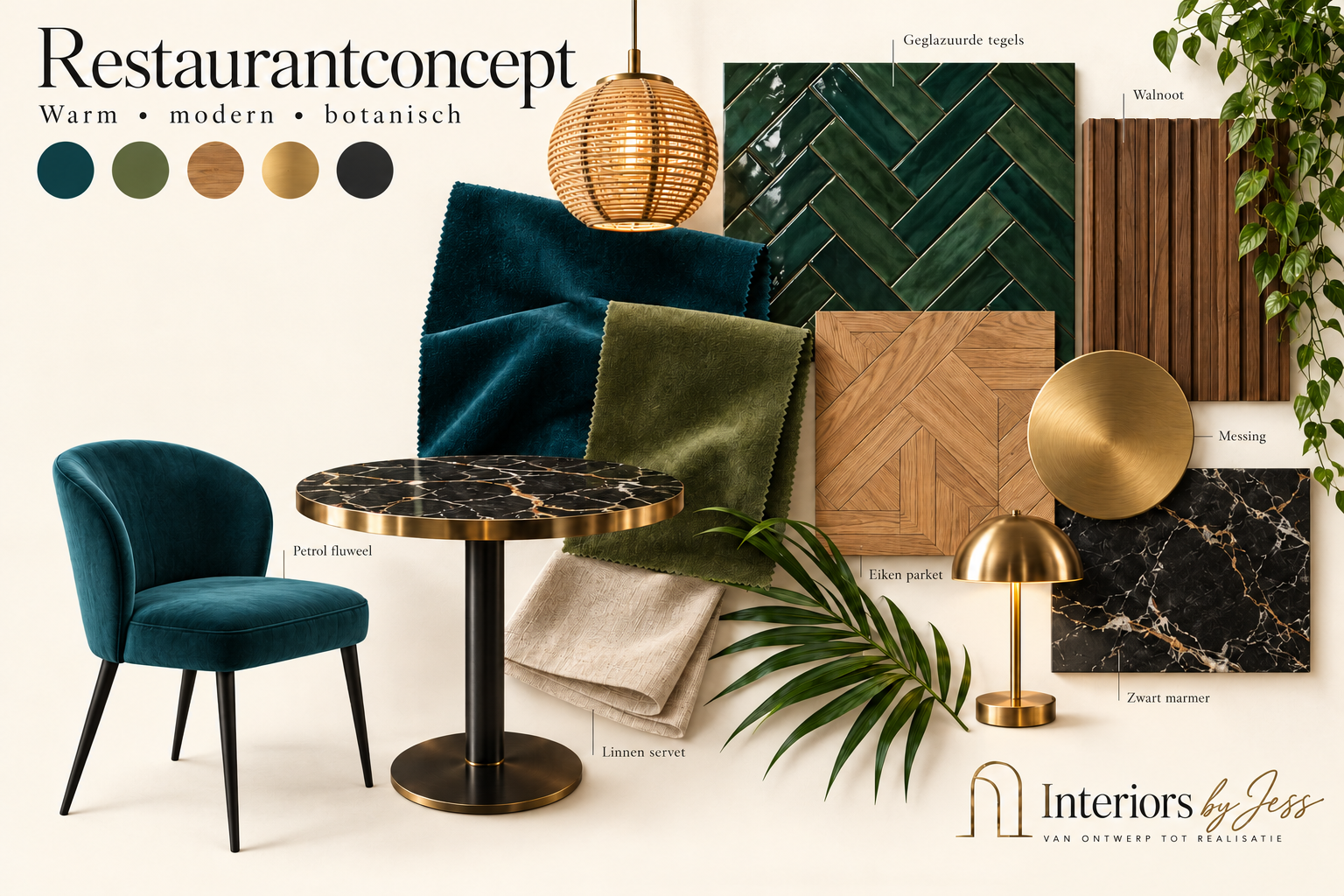 Moodboard voor een restaurantconcept: warm, modern, botanisch